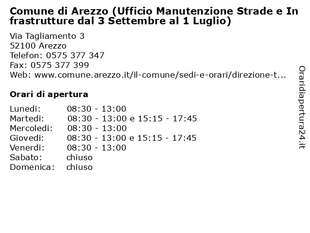 Orari di apertura Comune di Arezzo Ufficio Manutenzione